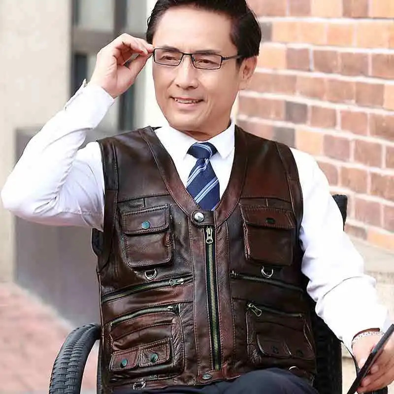 Cowhide Genuine Leather Vest Men Brown Waistcoat Male Sleeveless Jacket Thick High Quality Motorcycle Multi Pocket Zipper 250725