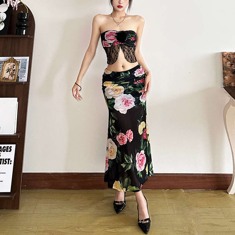 2025 Spring New Women's Solid Color Slim Fit Tube Top Vest Fashion Low Waist Bodycon Skirt 6c0