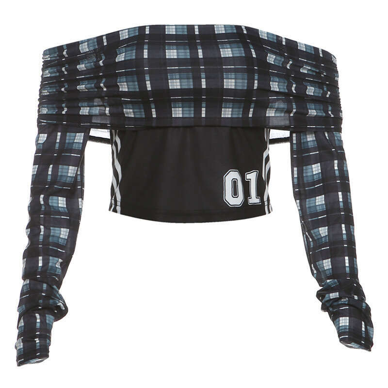 2024 Autumn New Women's Solid Color Slim Street Fashion Off-Shoulder Plaid Long Sleeve Top 546