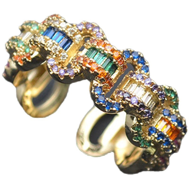 European And American Punk Hip-hop Colorful Designer Jewelry Zircon Ring Hollow Shiny Personality Cuban Chain Luxury Jewelry Ring Gold-plated Color-re