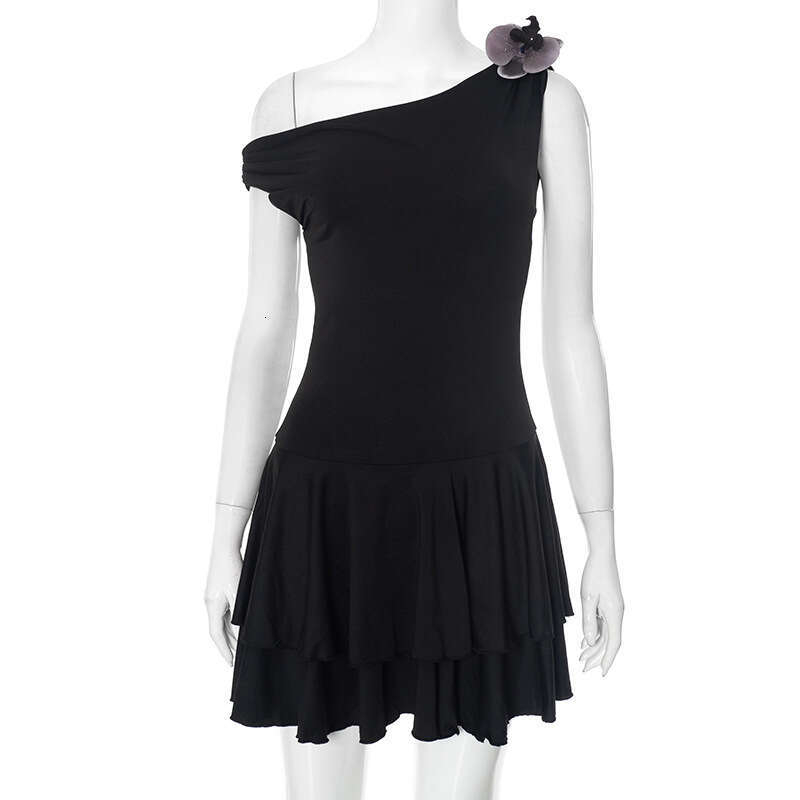 Yds055 Women's Spring Summer Off-Shoulder Pullover Sleeveless Three-Dimensional Floral Pleated Short Dress B5
