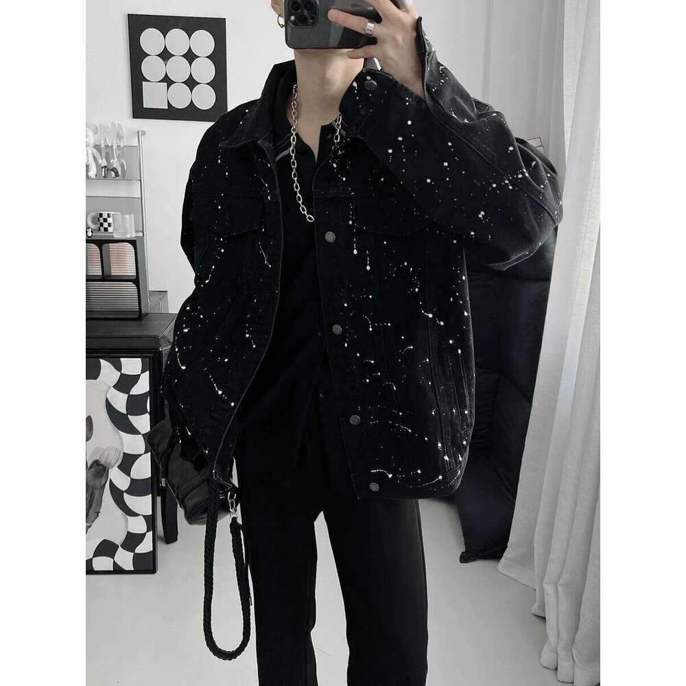 Men's 2025 Spring Autumn Loose Trendy Male Handsome Long Sleeve Tooling Coats Casual Denim Jacket Splash Ink Point Jackets