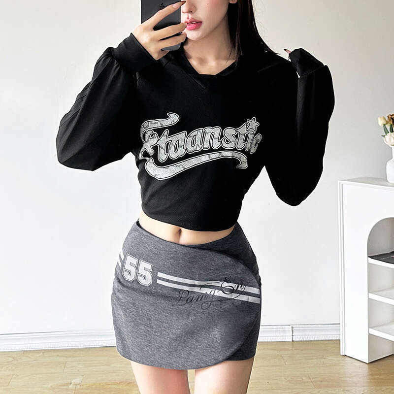 2024 Summer New Fashion Letter Print Long Sleeve Top High Waist Bodycon Skirt bcf