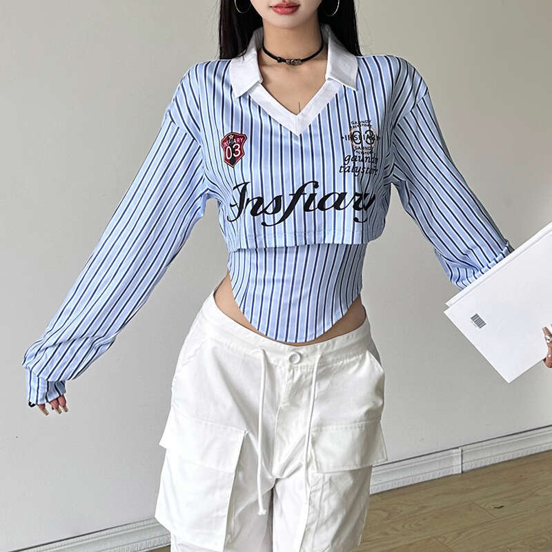 2024 Autumn New Women's Solid Color Slim Fit Street Fashion Turn-down Collar Printed Long Sleeve Top bee