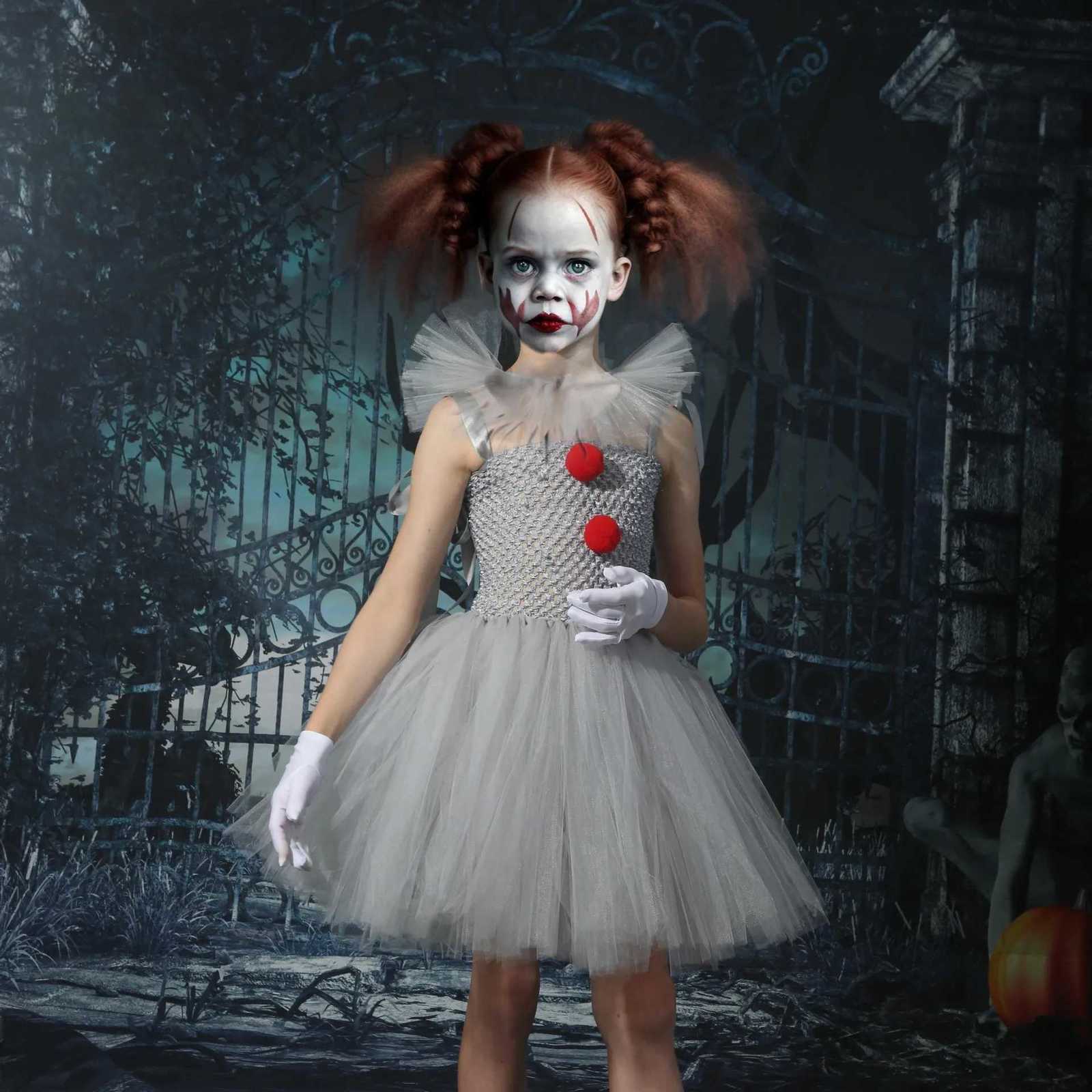 Girls Gray Joker Costume Handmade Mesh Tutu Dress Kids 2024 Halloween Carnival Cosplay Par Creepy Clown Children Clothes Z250725
