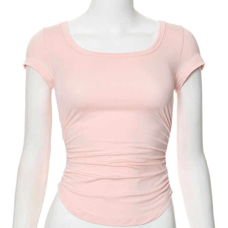 Y24tp293 Women's Summer New Solid Color Round Neck Sexy Slim Fit Ruched Short Sleeve Top B5