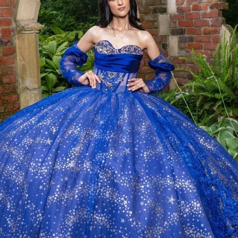 Royal Blue Quinceanera Dresses Off Shoulder Ball Gown Sweet 16 Dress Sequin Applique Beading Crystal Tull Birthday Party Vestidos De 15 Anos