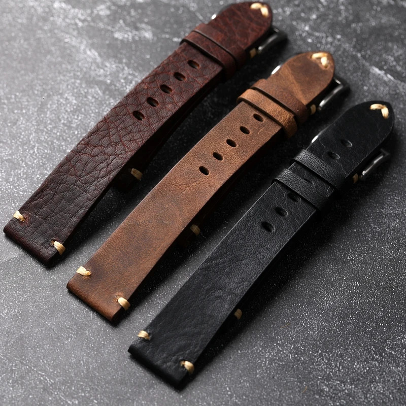 Handmade Genuine Leather Watchband Old Brown Black 18 20 22MM Soft Mens Vintage Bracelet First Layer Cowhide Leather Bracele 250723