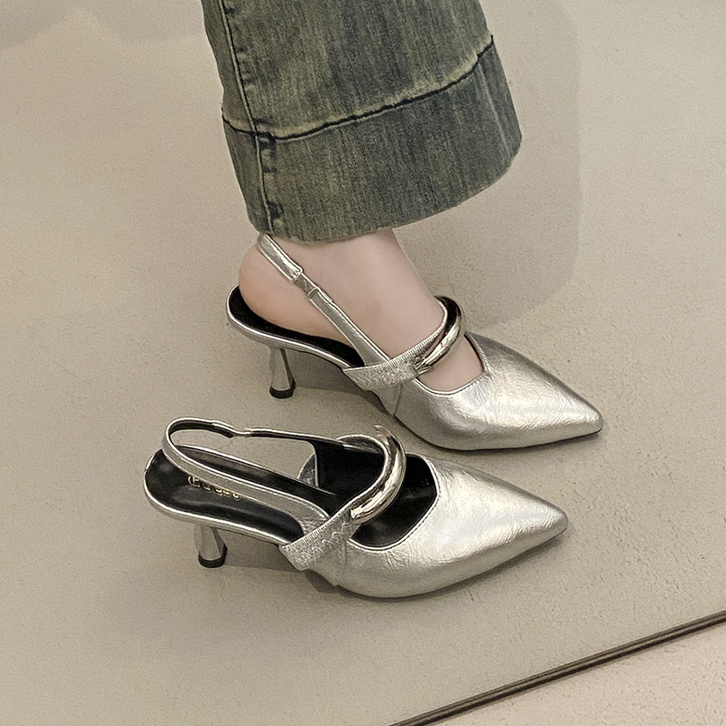 Ddmysports French Style Pointed Stiletto Heels With Silver Buckle For Women Spring Summer New Fashion Closed Toe Backless Sandals Outdoor Shoes