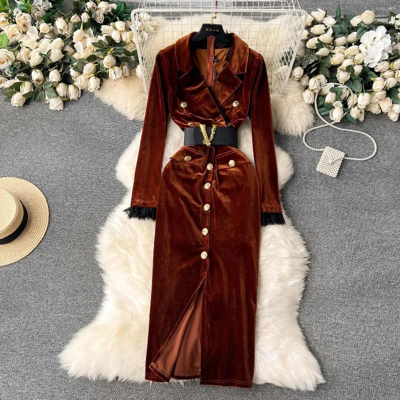 Lanjia- Casual Dresses Autumn Elegant V-Neck Veet Dress Women Long Sleeve Fashion Metre Buttons Split Sheath Bodycon Office Party Pencil Vestidos A669