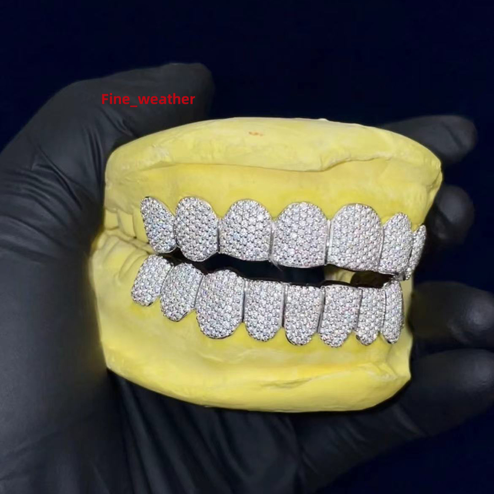 Custom Made Dental Grills Iced Out Sterling Silver Real Gold Jewelry Zigzag Setting Vvs Moissanite Diamonds Teeth Grillz