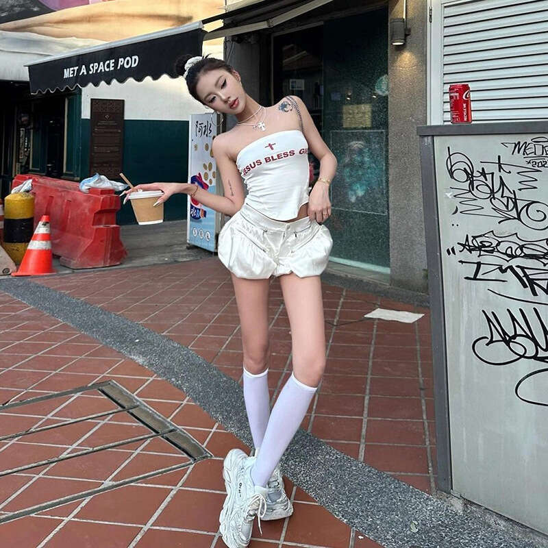 2024 Summer New Fashion Letter Print Tank Top High Waist Solid Color Shorts Set 197