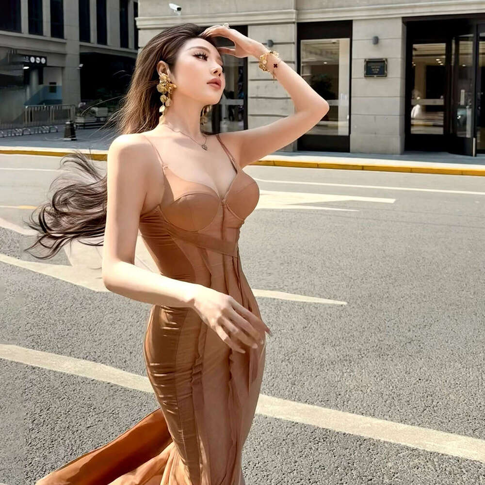 2025 Summer New Sexy Slim Fit High Slit Solid Color Sleeveless Strap Long Dress for Women 0bf