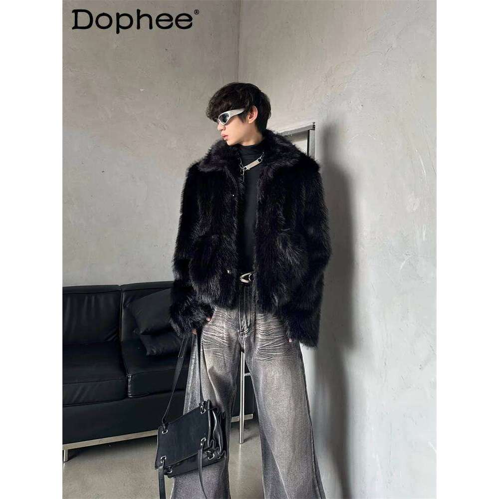 Stylish Mink Short Coats Loose High-End Retro Faux Fur Men's 2025 Autumn New Stand-Up Collar Black Long Sleeve Chic Jacket Tops