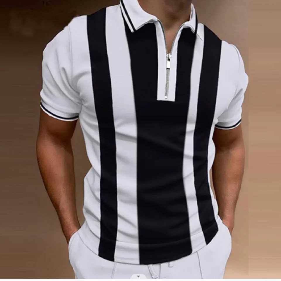 Mens Casual Striped Zipper Polo Shirt Personalized Printed Lapel Pullover Versatile Mens Tops Fashionable Mens ClothingXJ250725