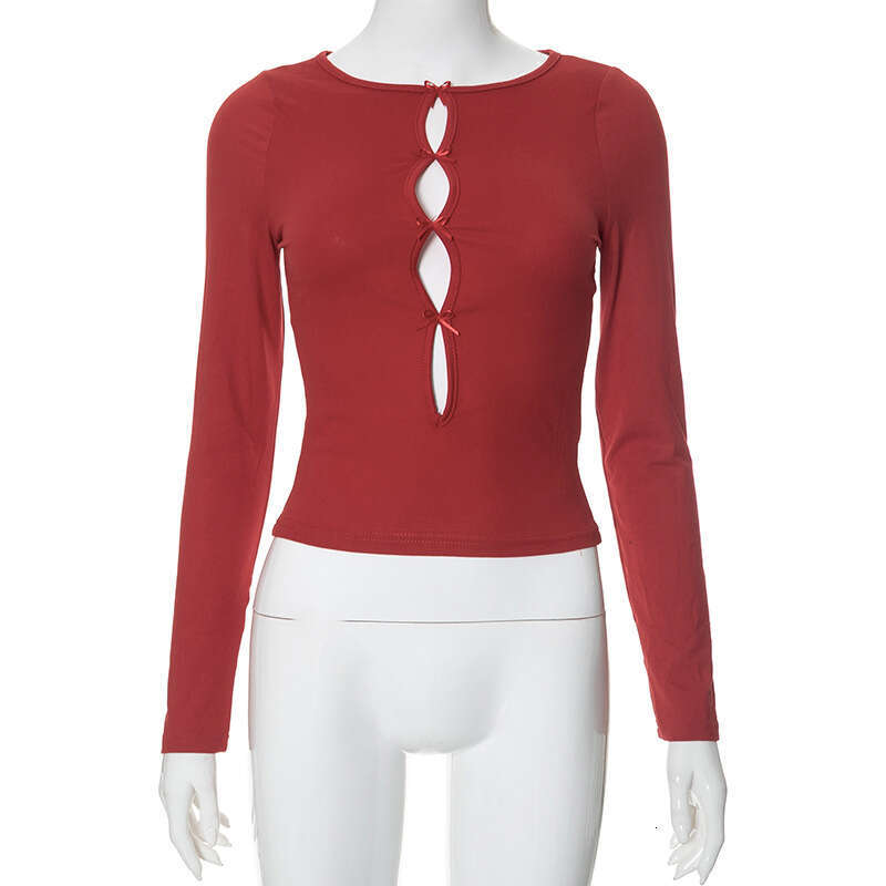 Y23tp564 Women's Autumn New Solid Color Round Neck Long Sleeve Continuous Hollow Bow Top T-Shirt For Women B5