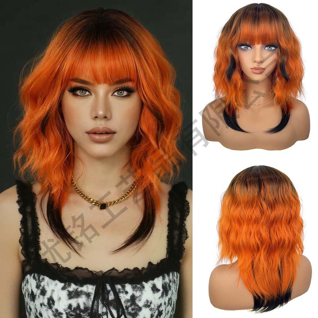 European women's synthetic fiber hair in high-temperature style, short style, curly braid, orange short curly hair head cover, wigs with curly wa