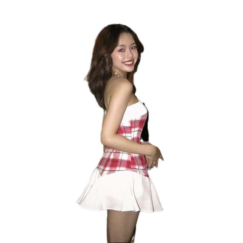 2023 Autumn Winter New Women's Solid Color Slim High Waist Fashion Off-Shoulder Plaid Dress 5ab