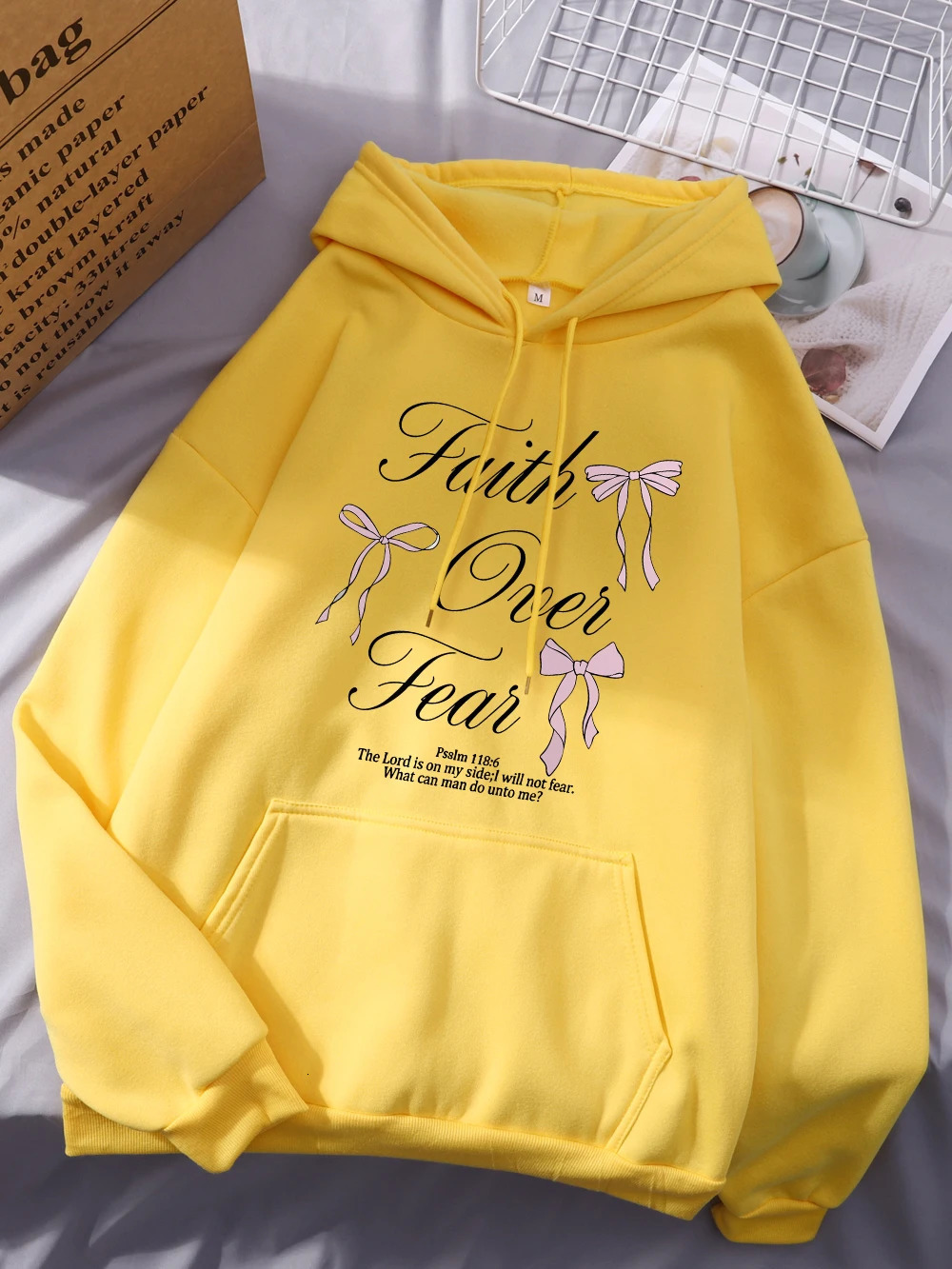 Pink Bow Faith Over Fear Printing Hoodie Winter Fleece Warm Hooded Fashion Pocket Tops Comfortable Loose Woman Clothes 250725