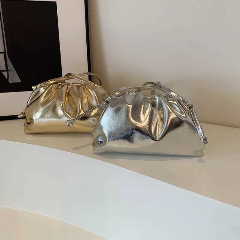 Small Luxury Design Wens Soft PU Leather Gold Silver Cloud Hobo Bag Elegant Dressy Handbag Ruched Dumpling Party Clutch Purse Y250725