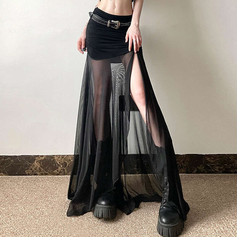 2024 Summer New Women's Solid Color Slim Street Fashion High Waist Mesh Split Skirt b51