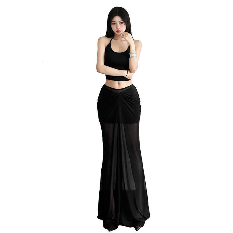 2025 Summer Style New Black Leg-Lengthening Versatile Semi-See-Through Mesh Long Skirt for Women 28e