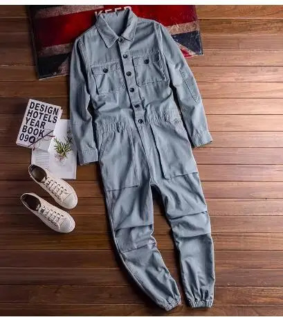 Mens Jumpsuit Lapel Long Sleeve Multipocket Ankle Length Beam Feet Overalls Fashion Black Yellow Freight Trousers Cargo Pants 250725