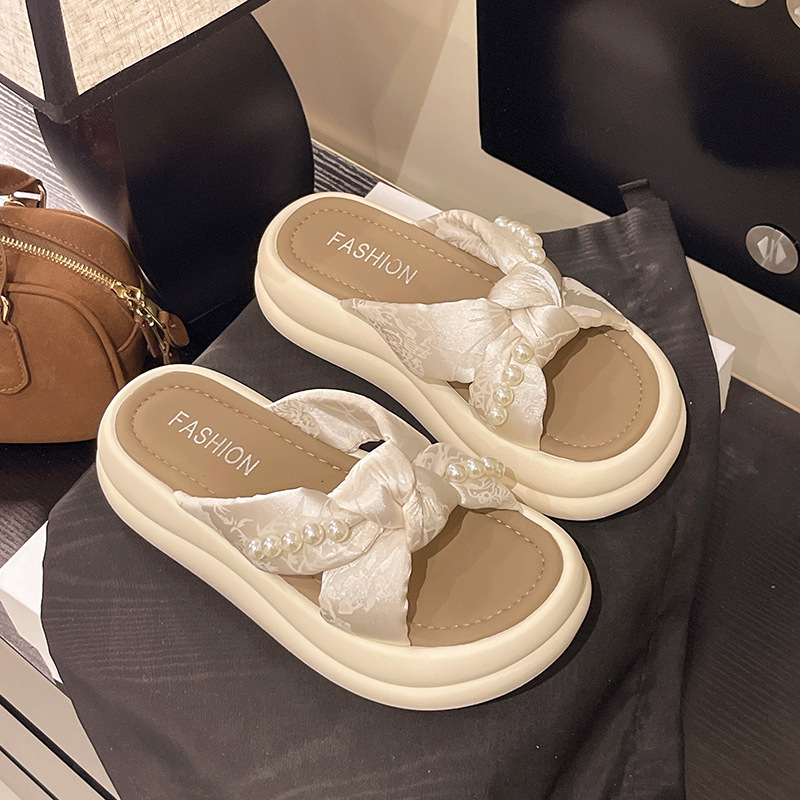Ddmysports Cross Pearl Thick Sole Slippers For Women With Skirts Summer Outdoor Wear New Fashion Fairy Style Gentle Sandals Outdoor Shoes