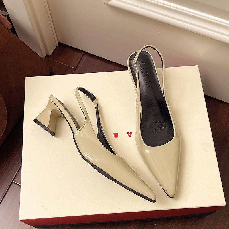 Ddmysports Chunky Heel Sandals For Women Summer New Korean Style Commuter High Heels French Patent Leather End Pointed Toe Single Shoes Outdoor Shoes