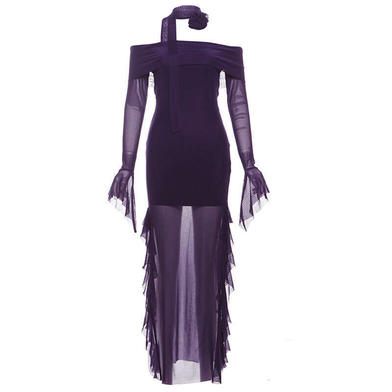2024 Autumn New Women's Solid Color Slim Fit Fashion Off-Shoulder Long Sleeve Split Dress fbf