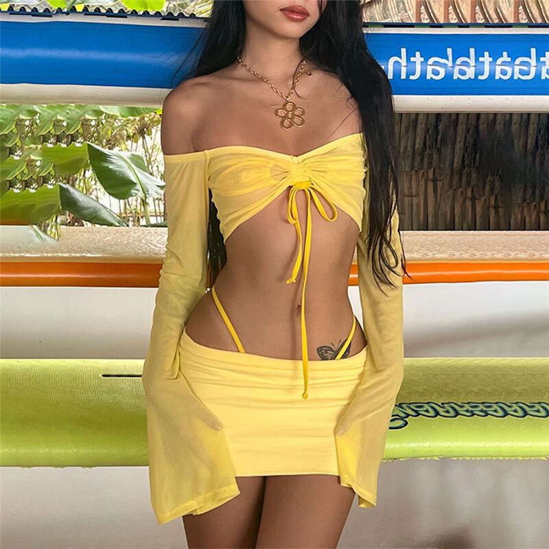 2022 Summer New Women's Solid Color Slim Off-Shoulder Long Sleeve Fashion Half Skirt Set 0e7