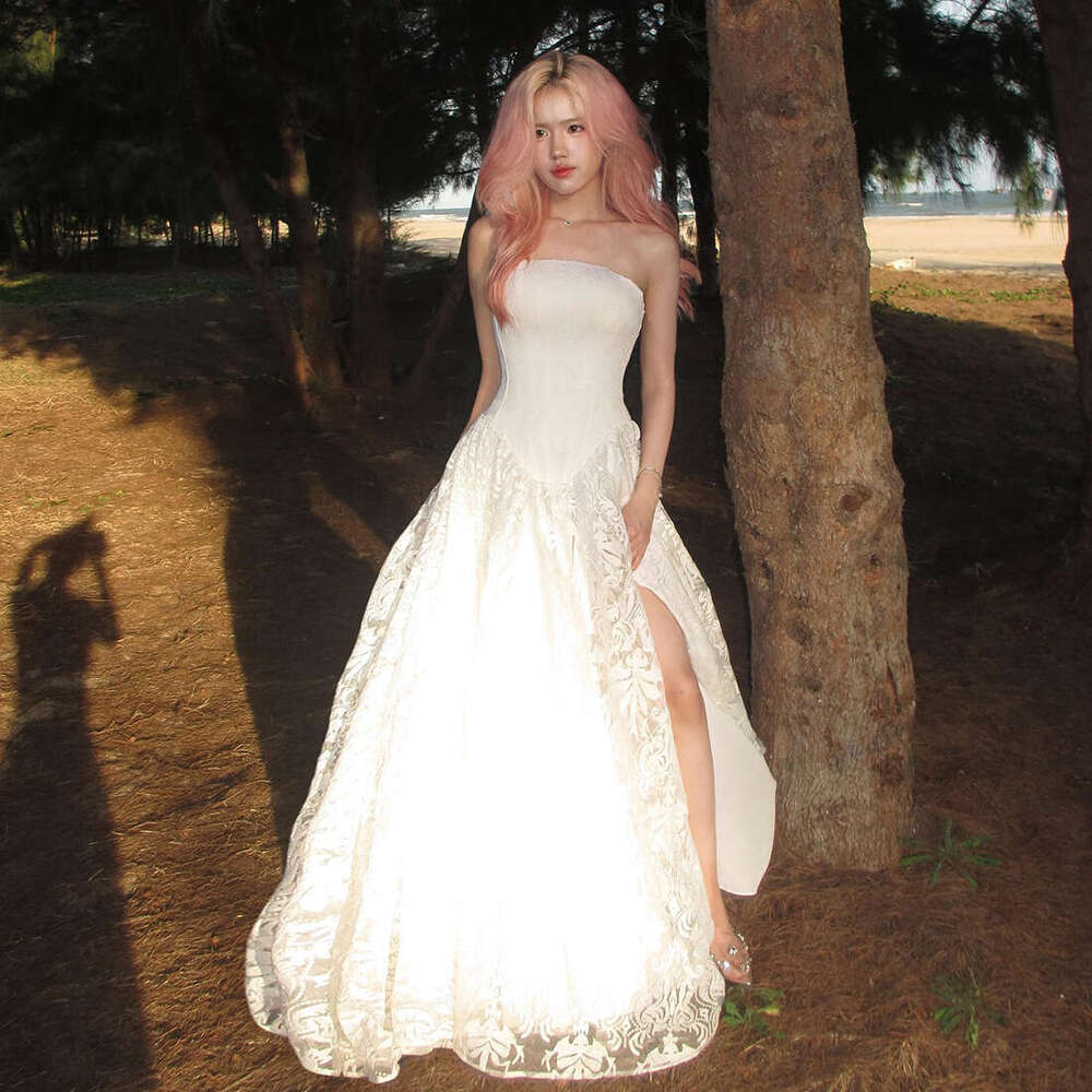 2025 Summer New Solid Color High-Cut Waist-Cinching Slim Fit Elegant Slimming Strapless Long Dress Women's Fashion 7d1