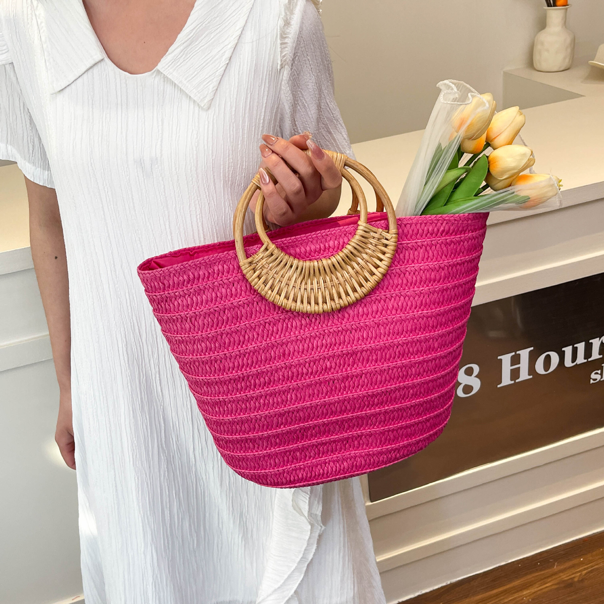 Luxury Brand Designer Bag Foreign Trade Rattan Woven Tote Bag Personality Niche Ins Woven Basket Bag Light Luxury Fashion Vacation Handbag