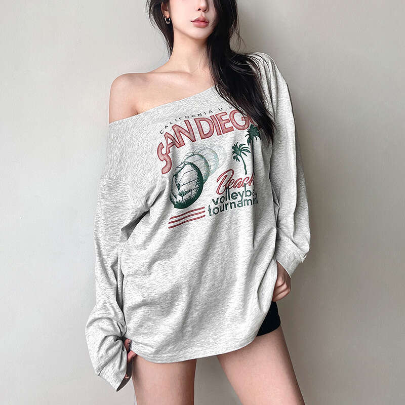 2024 Summer New Women's Fashion Letter Print Long Sleeve Round Neck Loose T-Shirt af4
