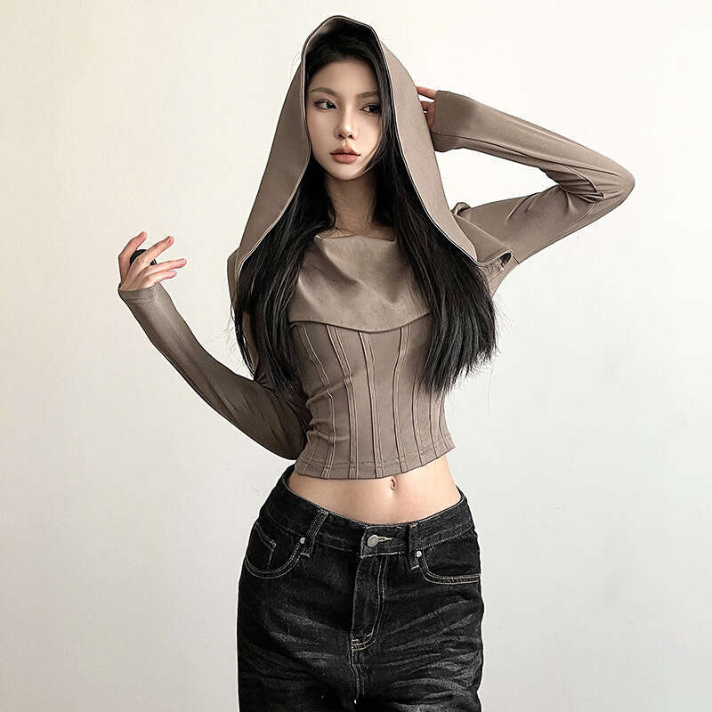 Women's Clothing 2023 Autumn and Winter New Solid Color Fashion Sexy Long Sleeve Hooded Crop Top T-Shirt 152