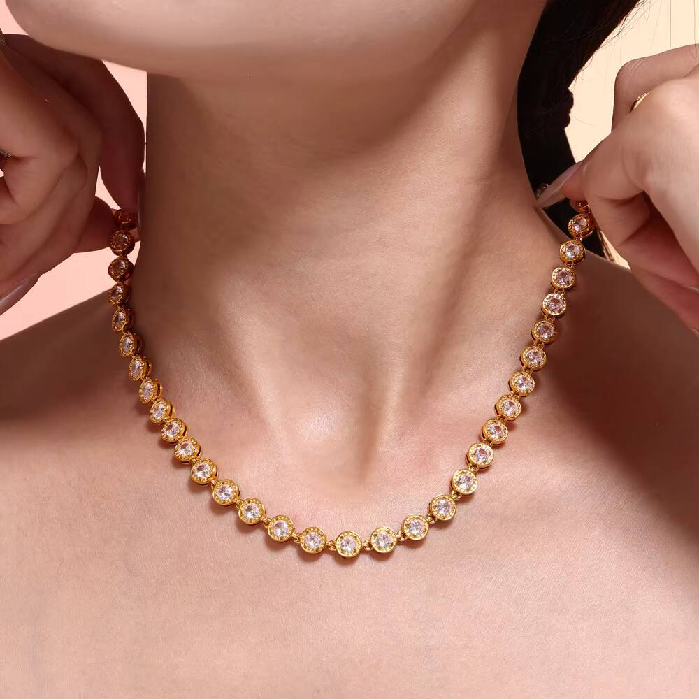 Stylish Jewelry Stainless Steel Bling Round Shape Cubic Zircon Tennis Chain Necklace PVD Plated Colorful Gemstone Necklace