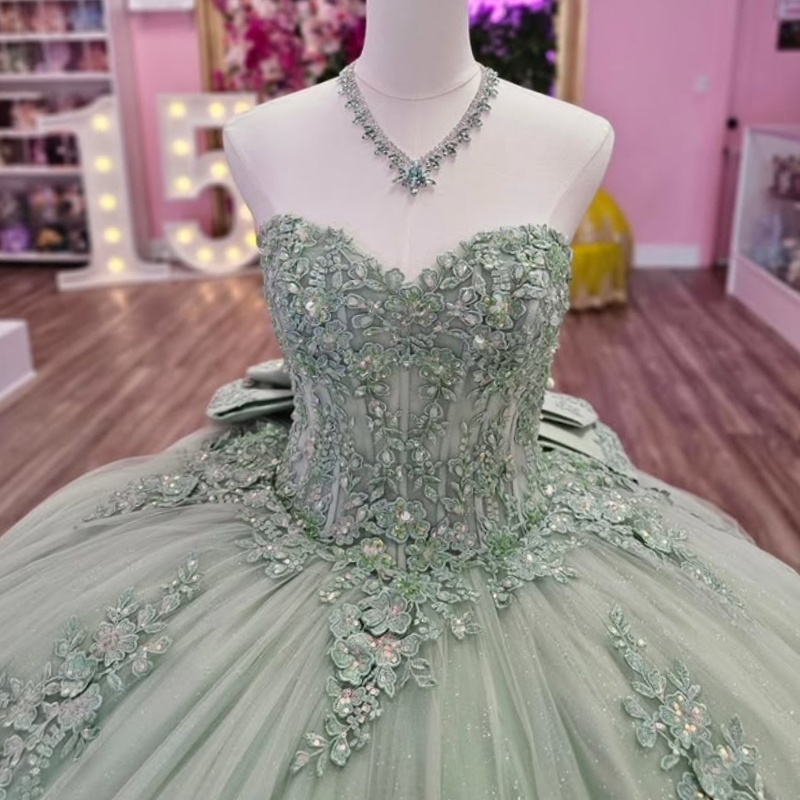 Mint Green Quinceanera Dresses Ball Gown Off The Shoulder Applique Lace Beads Bow Tull Party Birthday Sweet 16 Dress Vestidos 15 Anos