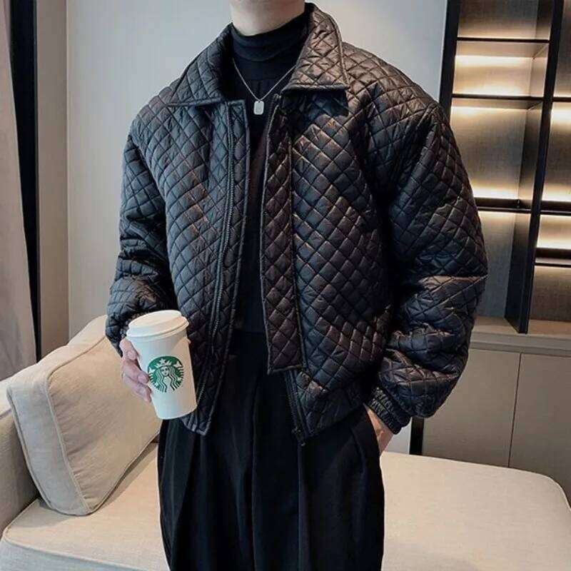 Dia Cotton Jacket Men's Autumn Winter Loose Jackets Solid Color Long Sleeves Turndown Collar Zipper Tops Casual Coat Parkas