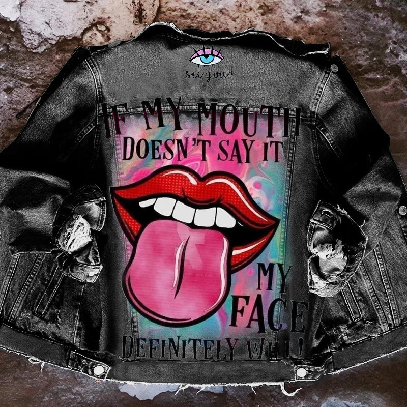 Womens Autumn Selling Street INS Net Red With The Same PLayful Tongue Out Print Pattern Lapel Denim Jacket 250724