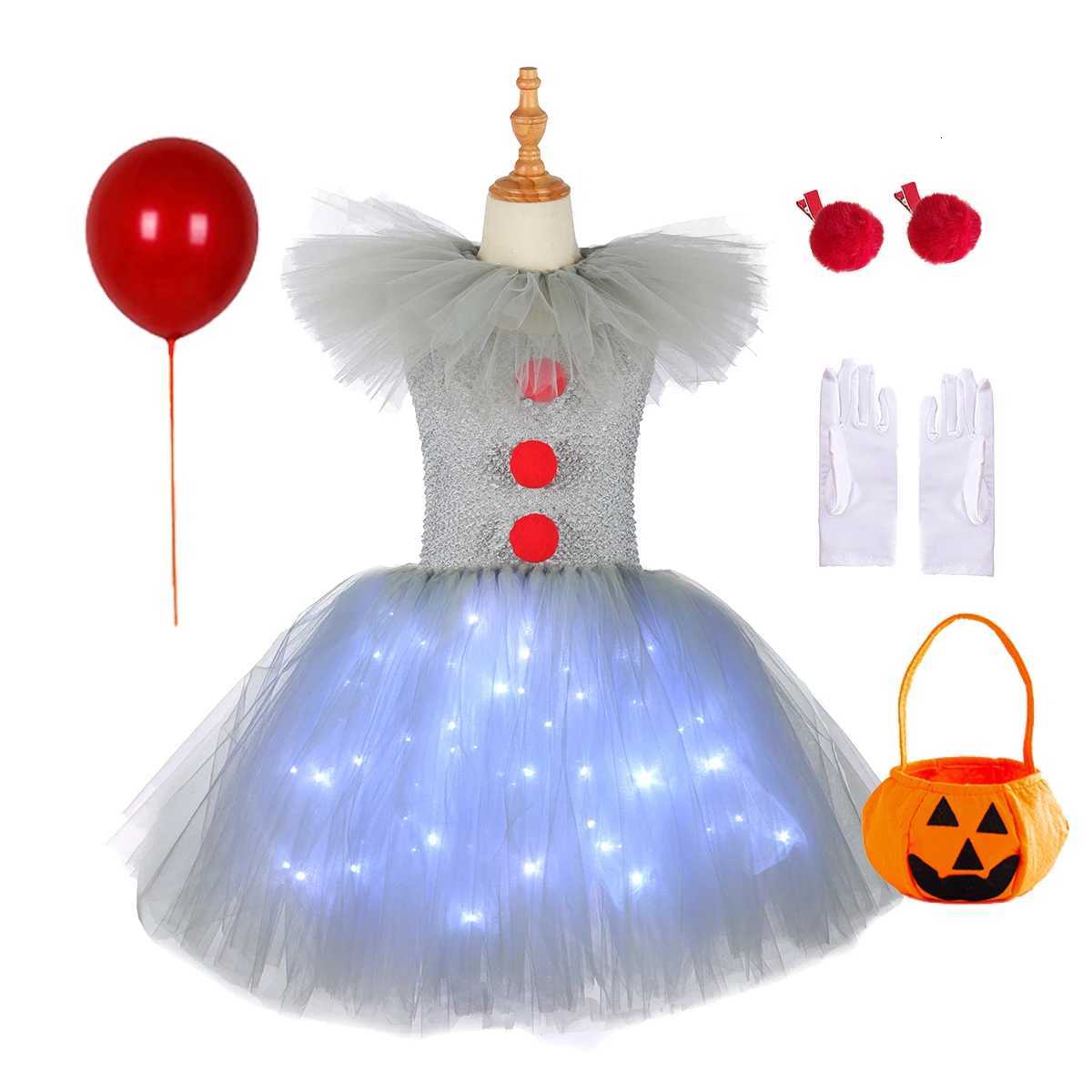 Gray Joker Girls Halloween LED Light Up Costume Tutu Dress Creepy Clown Kids Tulle Dress Carnival Par Cosplay Clothing 2-12Y Z250725