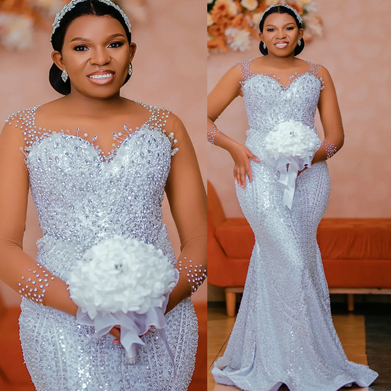 2025 Plus Size Wedding Dresses Bridal Gowns Mermaid Illusion Sheer Neck Long Sleeves Beaded Lace Tiered Tulle Nigeria Wedding Gowns for African Black 