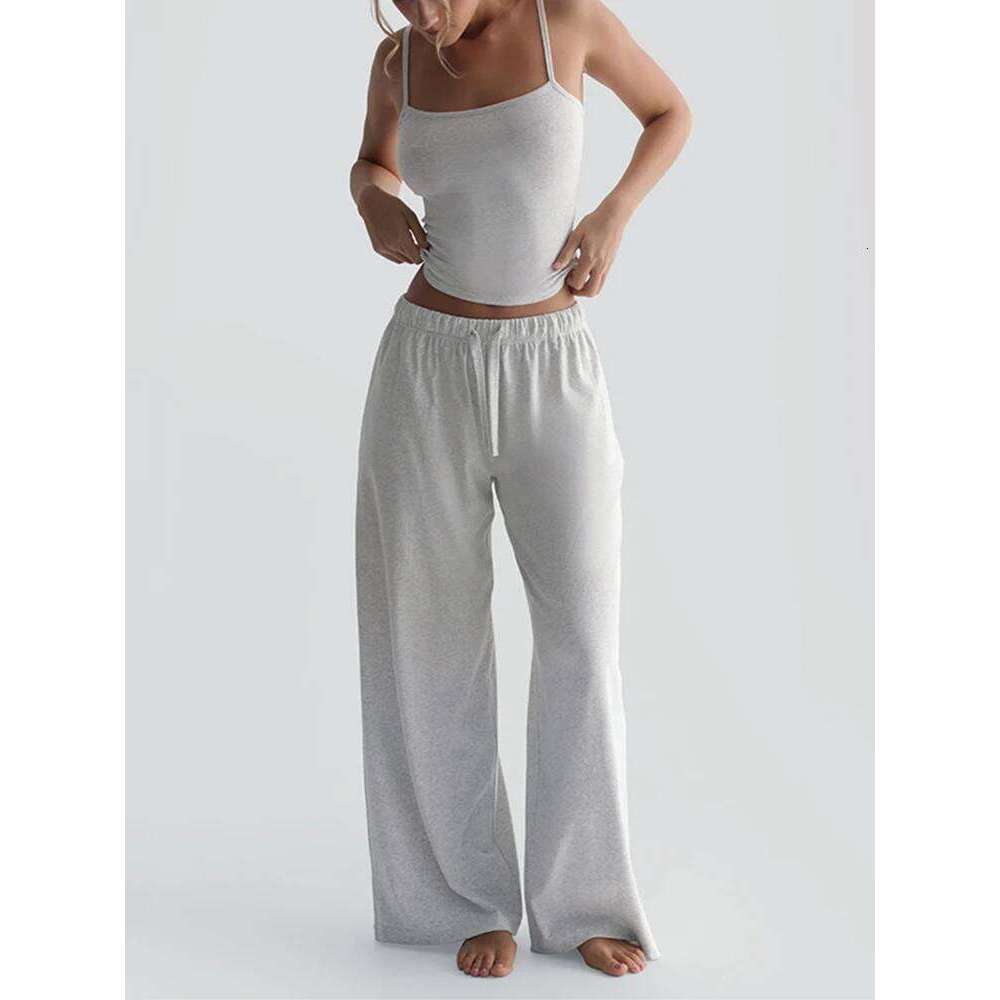 Designer Leisure High Quality kliou Casual Daily Women 2 Piece Set Basic Active Solid U-neck Backless Camisoles Top+Loose Elastic Waist Pants Mujer Tr