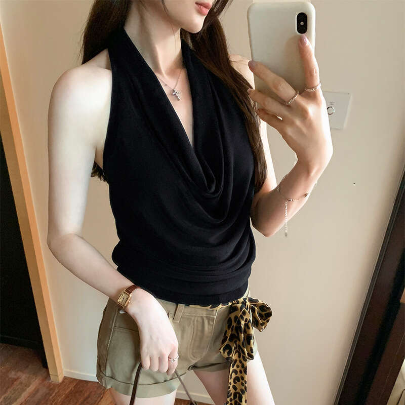 SXZY 2025 Summer New Fashion Swing Neck Halter Twist Knot Beautiful Back Design Hollow Knitted Sleeveless Vest Top for Women