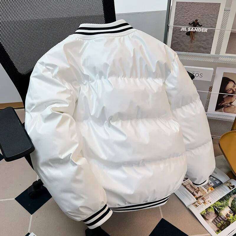 Gmiixder American Baseball Uniform PU Bomber Jacket Hip Hop Thickened Stand Collar Parkas Loose Versatile Couple Winter Coat