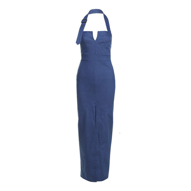 2025 Summer New Hot Girl Pure Desire High Slit Halter Neck Elegant Slim Fit Dress Women's Fashion 1a1