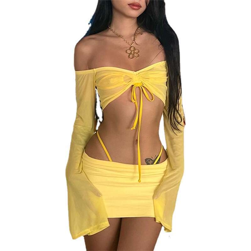 2022 Summer New Women's Solid Color Slim Off-Shoulder Long Sleeve Fashion Half Skirt Set 0e7