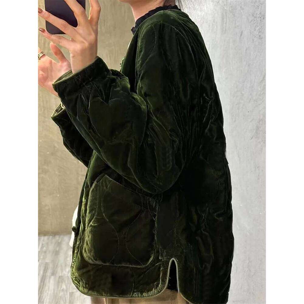 Limiguyue O-Neck Retro Cotton Jacket Women Casual Pocket Green Veet Coat Winter Long Sleeve Loose Warm Clothing Versatile F629