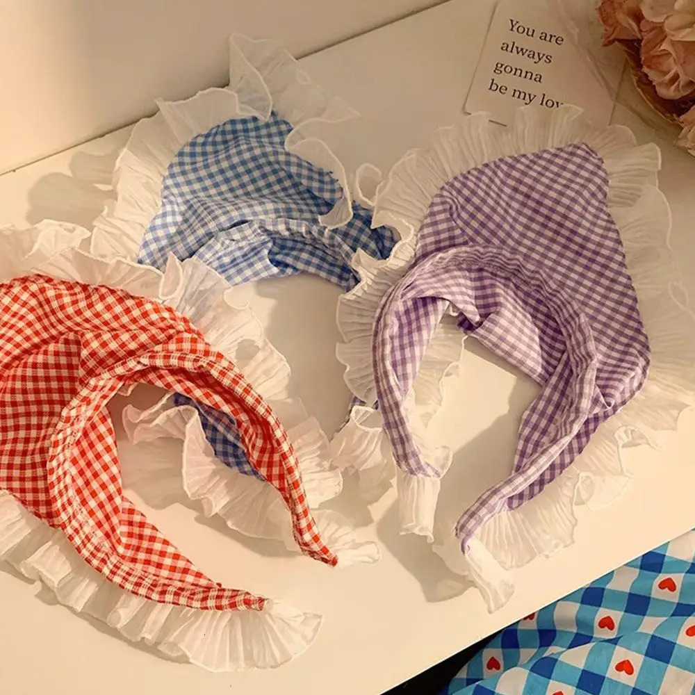 Summer Lace Triangle Headscarf Woman Headwear Colorful Plaid Triangular Hair Scarf Headband Hair Accessories Sweet Turban Cap 250723