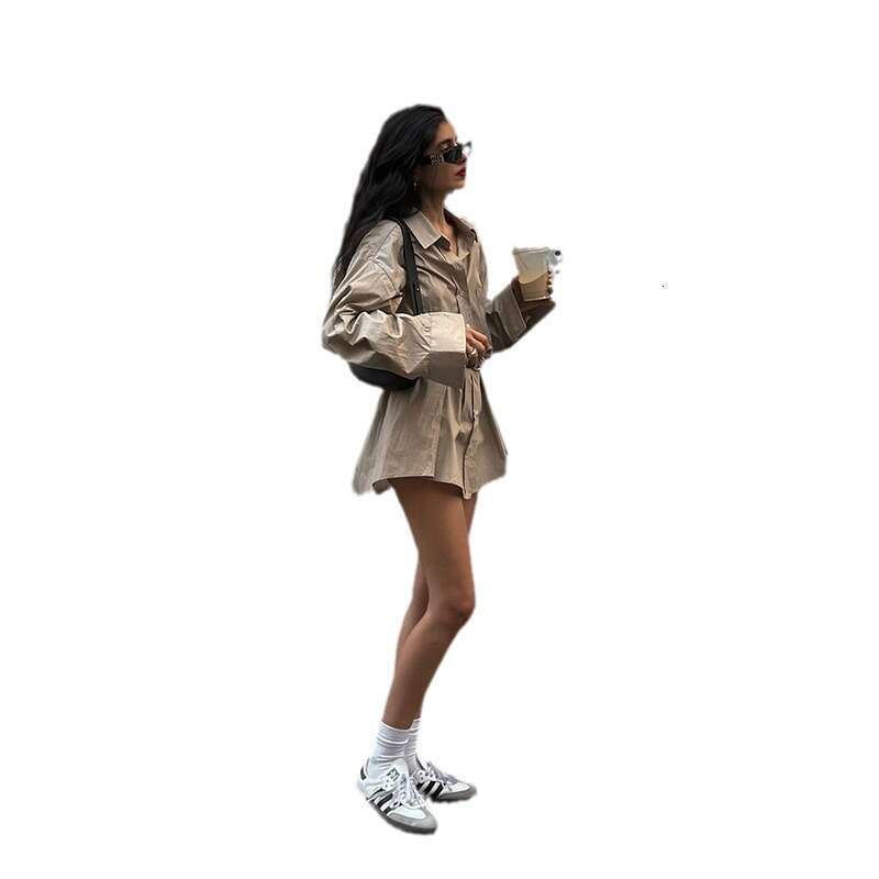 2024 Summer New Women's Solid Color Loose Street Fashion High Waist Turn-Down Collar Long Sleeve Dress f54