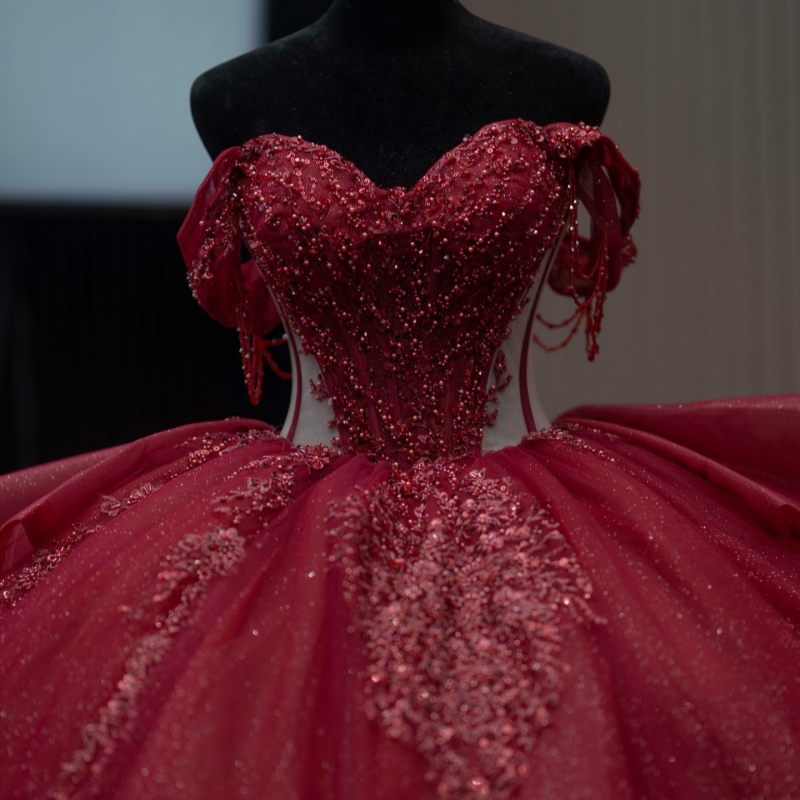Red Shiny Quinceanera Dresses Ball Gown Off The Shoulder Sequin Applique Beading Tull Party Birthday Sweet 16 Dress Vestidos 15 De Anos